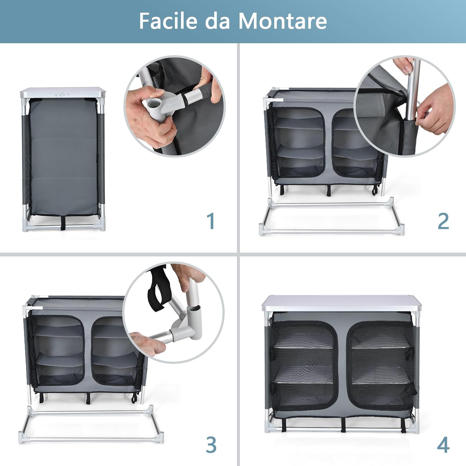 Cucina Portatile Cucina per Esterno Tavolo da Campeggio Pieghevole, Tavolo per Griglia in Alluminio, con Contenitori, per Festa Griglia e Campeggio (Grigio)
