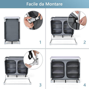 Cucina Portatile Cucina per Esterno Tavolo da Campeggio Pieghevole, Tavolo per Griglia in Alluminio, con Contenitori, per Festa Griglia e Campeggio (Grigio)