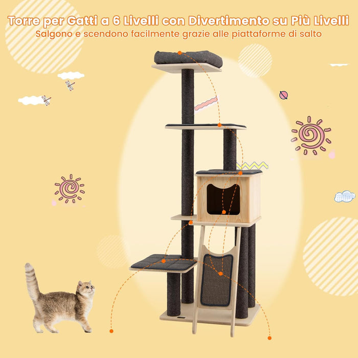 Albero Tiragraffi per Gatti Alto 175CM con Pali Sisal e Rampa Tiragraffi, Tiragraffi per Gatti Moderna a 6 Livelli con Cuscinetti Nicchia Trespolo, per Gatti Adulti e Gattini