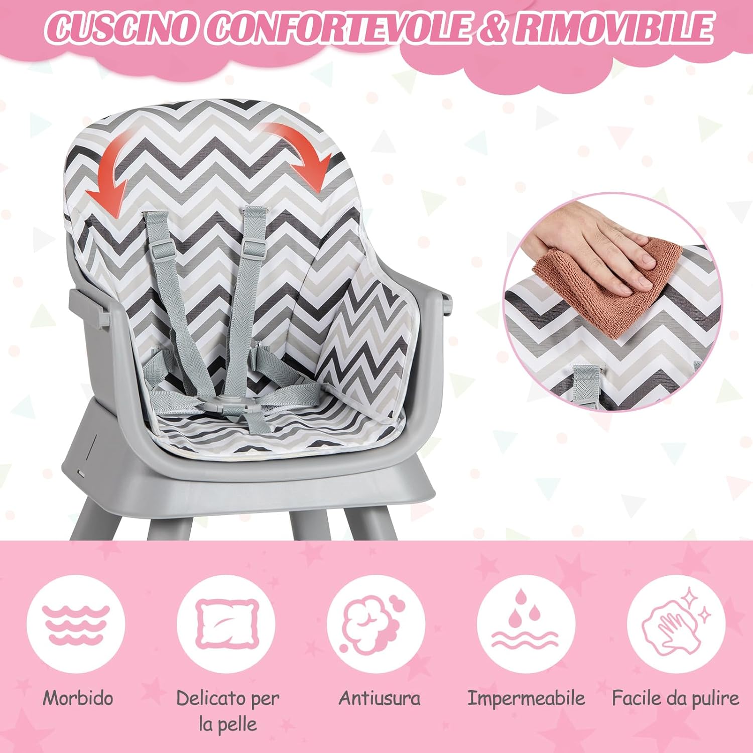 Seggiolone Pappa per Bambini 6 in 1, Seggiolone per Neonati Convertibile, Tavolo per Costruzioni per Bambini, con Imbracatura a 5 Punti, per Bambini da 6 Mesi fino 3 Anni (Gessato)