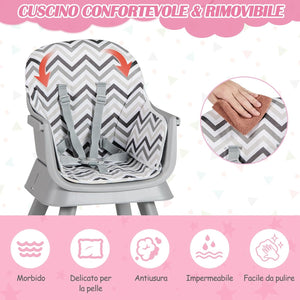 Seggiolone Pappa per Bambini 6 in 1, Seggiolone per Neonati Convertibile, Tavolo per Costruzioni per Bambini, con Imbracatura a 5 Punti, per Bambini da 6 Mesi fino 3 Anni (Gessato)