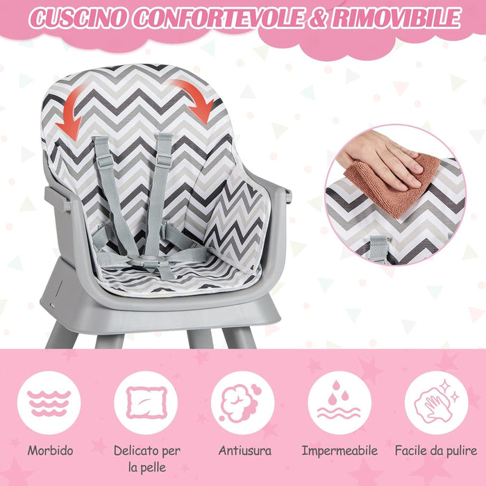 Seggiolone Pappa per Bambini 6 in 1, Seggiolone per Neonati Convertibile, Tavolo per Costruzioni per Bambini, con Imbracatura a 5 Punti, per Bambini da 6 Mesi fino 3 Anni (Gessato)