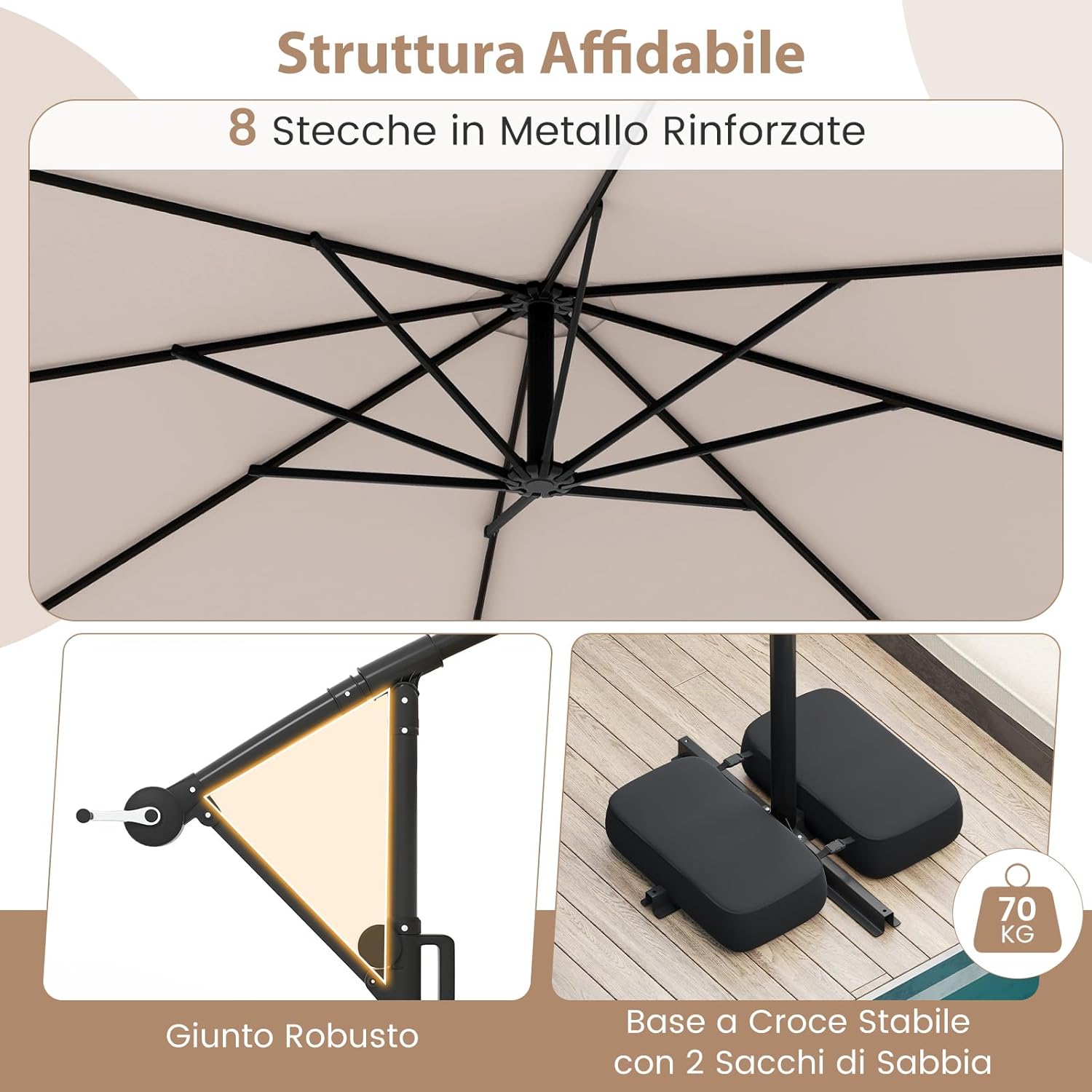 Ombrellone da Giardino 290 cm, con 96 Luci LED, Ombrellone Esterno con Base, Inclinazione Regolabile, Rotazione a 360°, Manovella, Parasole da Giardino (Beige)