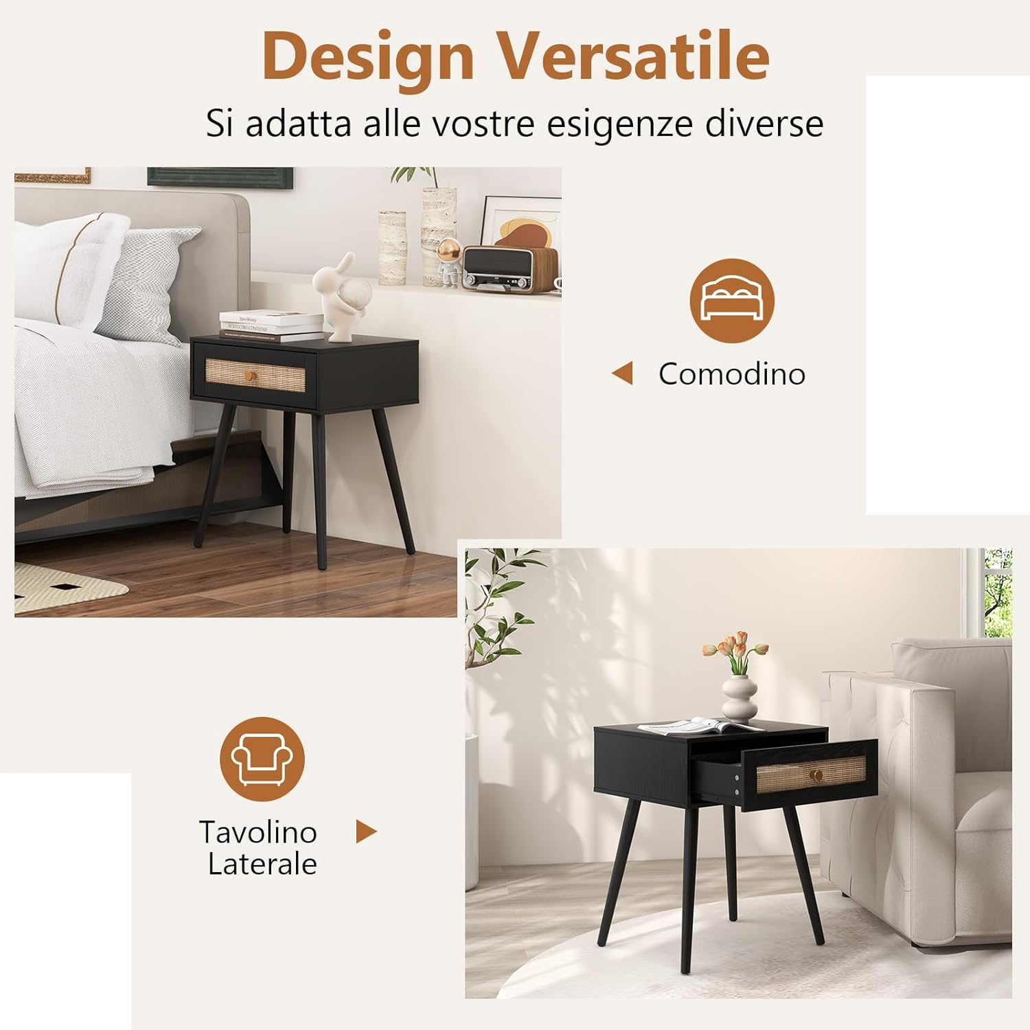 Comodino in Rattan 48 x 40 x 58 cm, Armadietto con Cassetto e Gambe in Legno Massello, Tavolino in Stile Boemia per Camera da Letto, Soggiorno e Salotto, Naturale