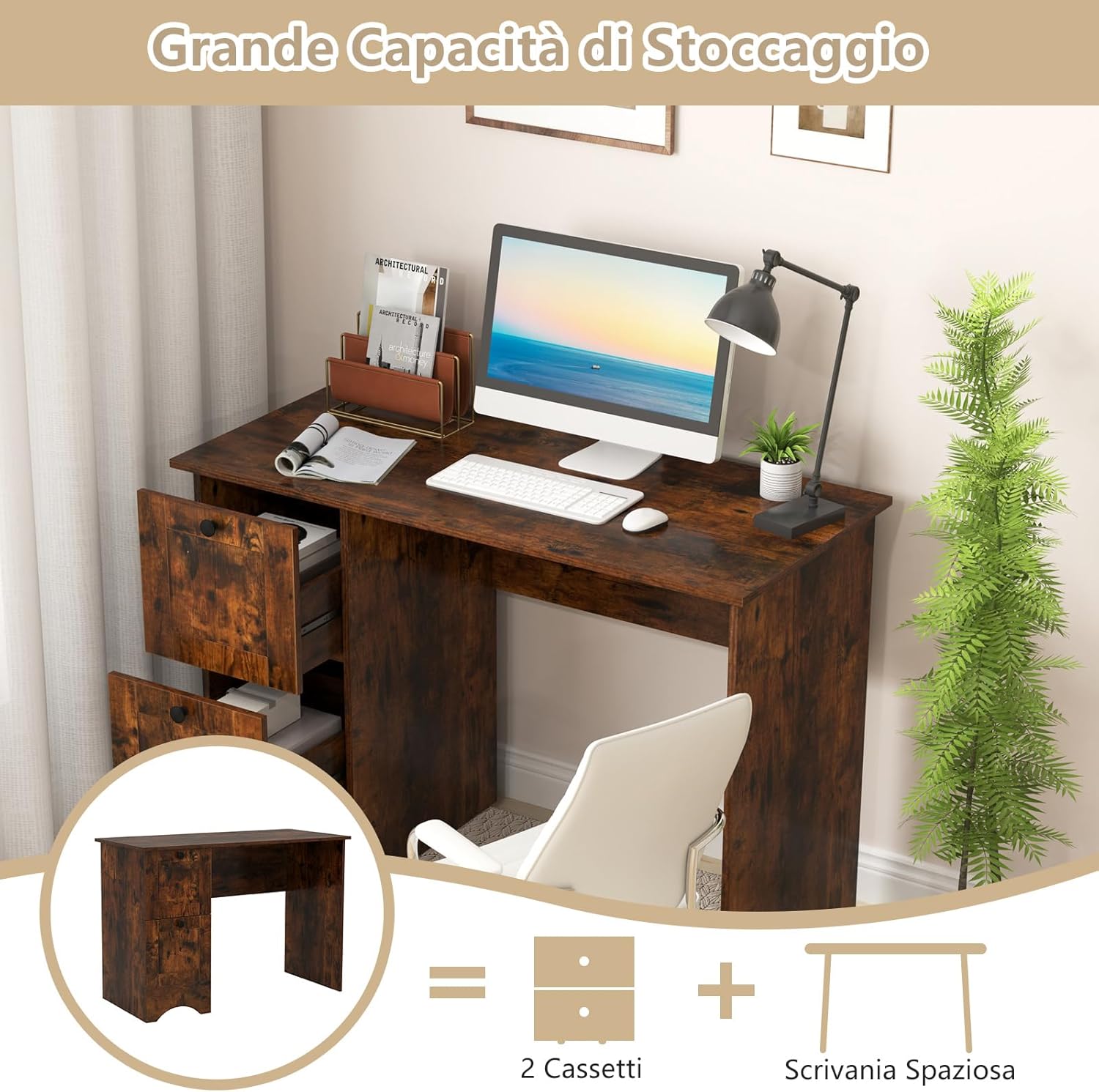 Scrivania per Computer con 2 Cassetti a Maniglia, Scrivania PC Salvaspazio Multifunzionale, Scrivania Gaming per Ufficio, Soggiorno, Camera da Letto e Studio, 109 x 50 x 75 cm (Marrone)