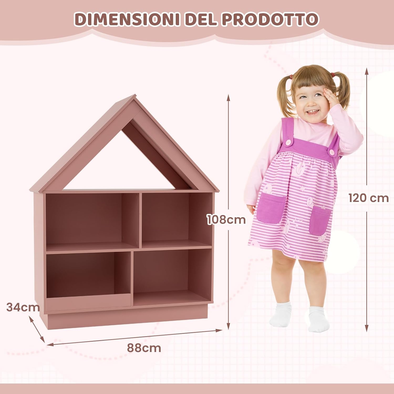 Libreria per Bambini a Forma di Casa, Scaffale in Legno con 5 Cubi per Giocattoli, Organizer di Stoccaggio Antiribaltamento, Scaffale Aperto a 3 Livelli, 88x34x108 cm (Rosa)