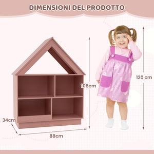 Libreria per Bambini a Forma di Casa, Scaffale in Legno con 5 Cubi per Giocattoli, Organizer di Stoccaggio Antiribaltamento, Scaffale Aperto a 3 Livelli, 88x34x108 cm (Rosa)