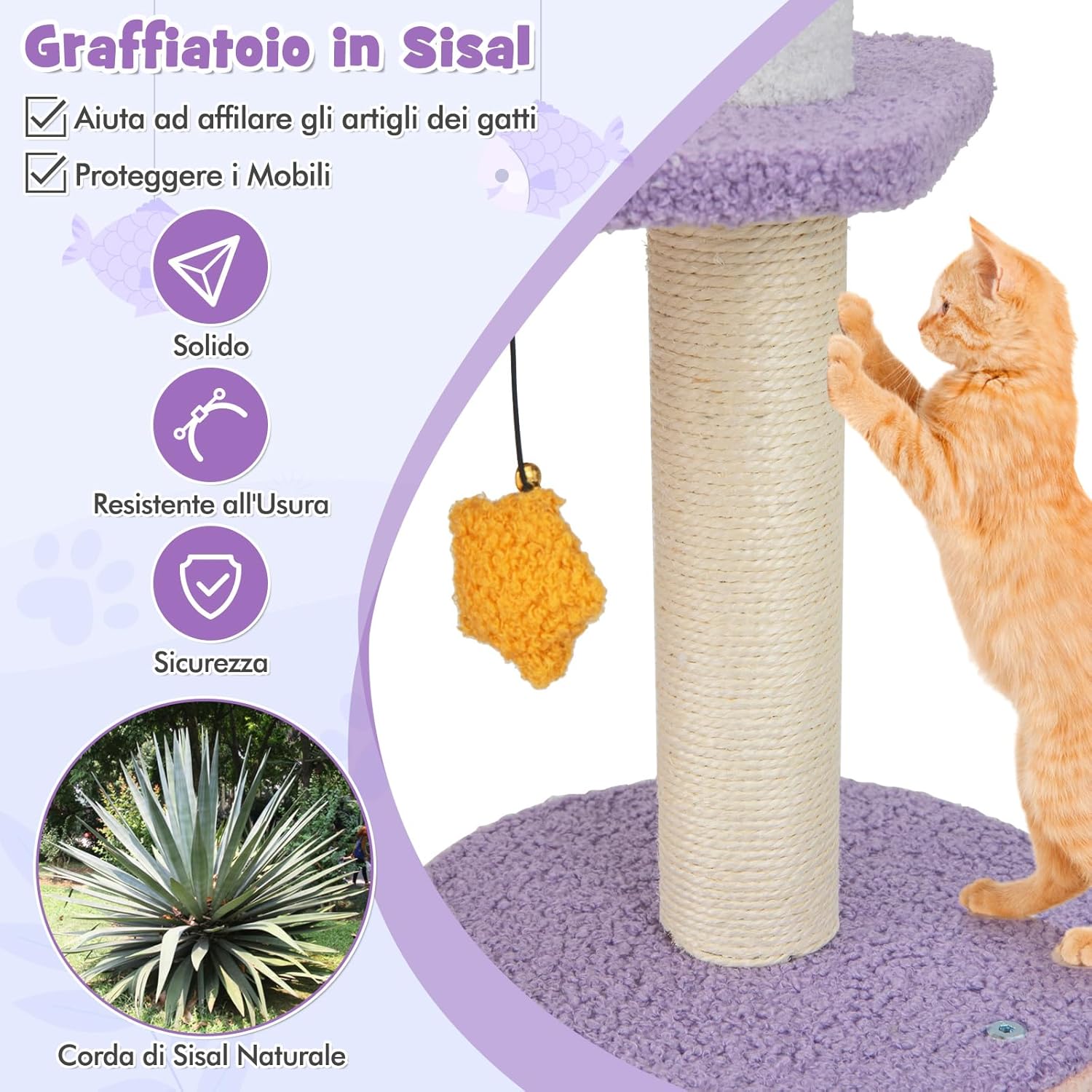 Tiragraffi per Gatti Alto 167 cm, Albero per Gatti Tiragraffi Gatto Stabile Multilivello, Albero Giochi in Sisal Piatteforme Rela, Ampio e Sicuro, 1 Amaca, 1 Grotta, 1Cesto