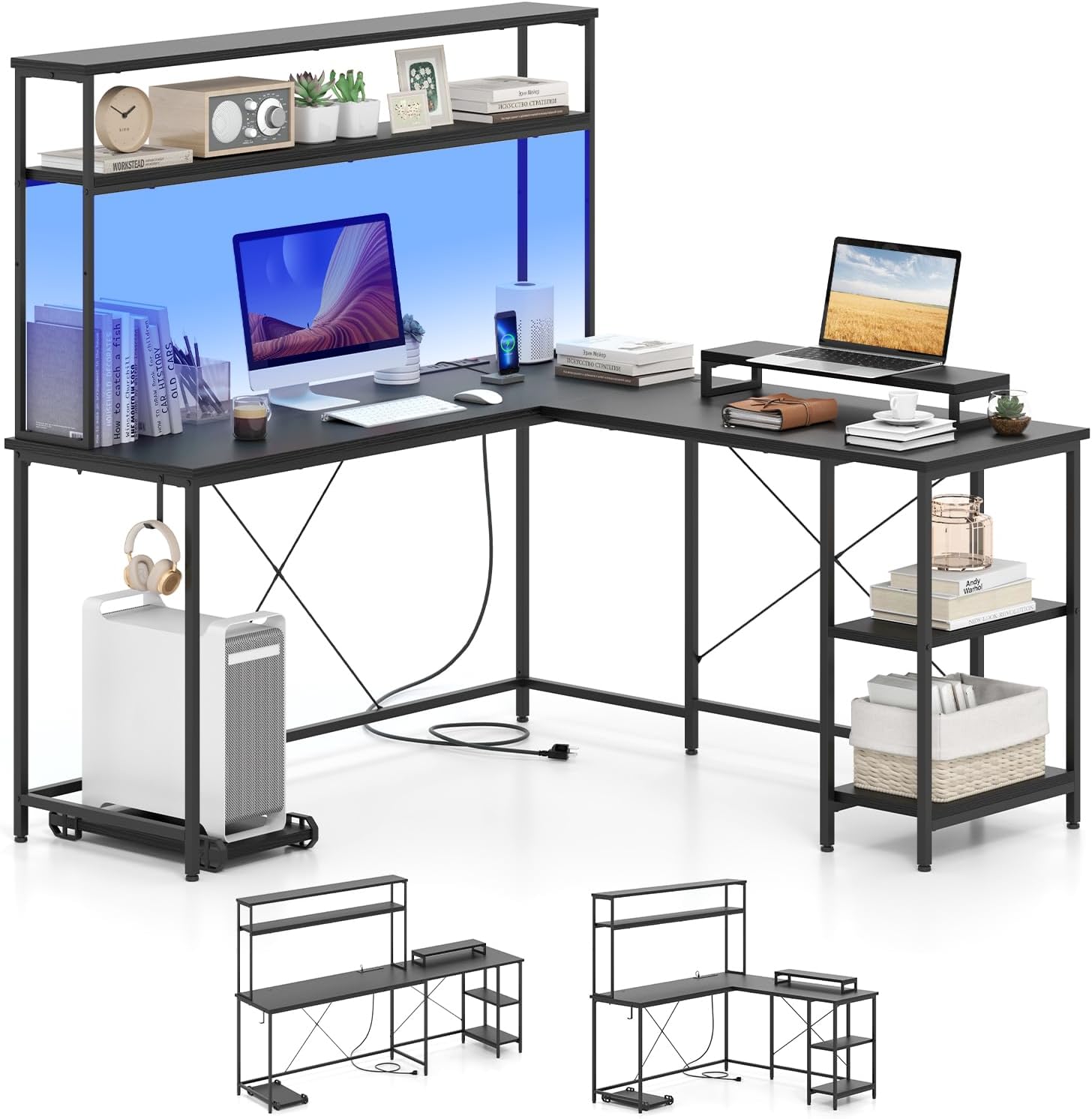 Scrivania per Computer a Forma di L, Tavolo da Gioco con Scaffale Regolabile, Gancio, Supporto per CPU, Striscia LED, Telecomando e Prese di Corrente, Desk per Studiare e Lavorare (Nero)