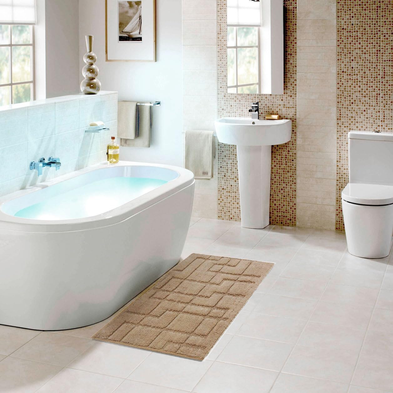 Tappeto Bagno Puro Cotone Morbido 3D Camera Sendiletto Elegante Lavabile Beige 55x90 cm