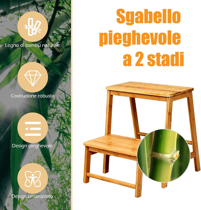 Sgabello Scala in Bambù Sedia Scaletta, Richiudibile Salvaspazio, Portata 100 kg, 45 x 51 x 48 cm (Naturale)