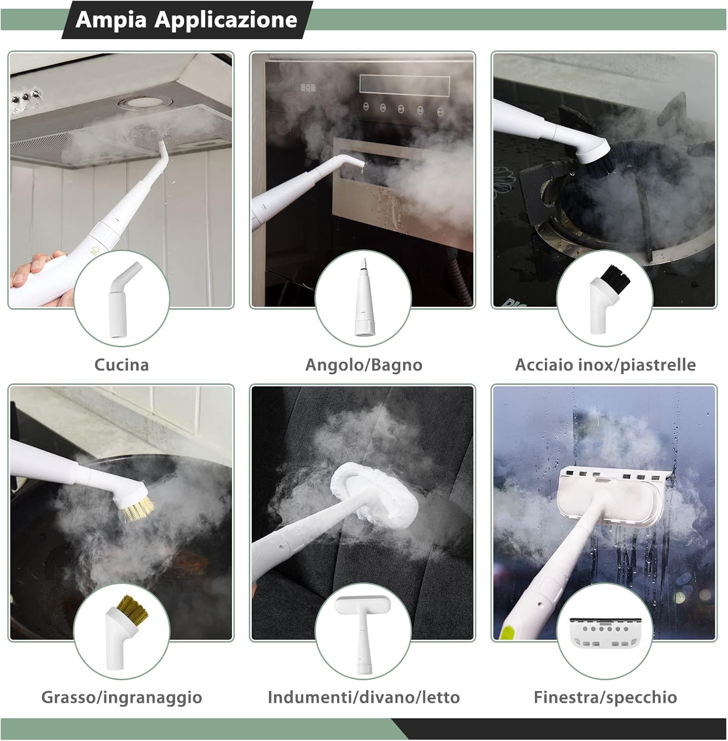 1000W Pulitore a Vapore Multiuso, Macchina a Vapore Portatile con 10 Accessori Serbatoio da 300 ml, Pulizia a Vapore con Tubo Flessibile per Cucina Bagno Finestre (Verde)