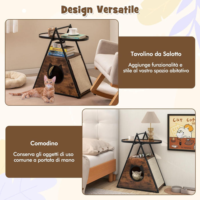 Mobile per Gatti, Tavolino Triangolare 2 in 1 con Condo Nascosto e Tappetini in Sisal, Comodino Moderno per Animali Domestici per Camera da Letto e Soggiorno in Legno e Metallo, 60 x 33 x 76cm