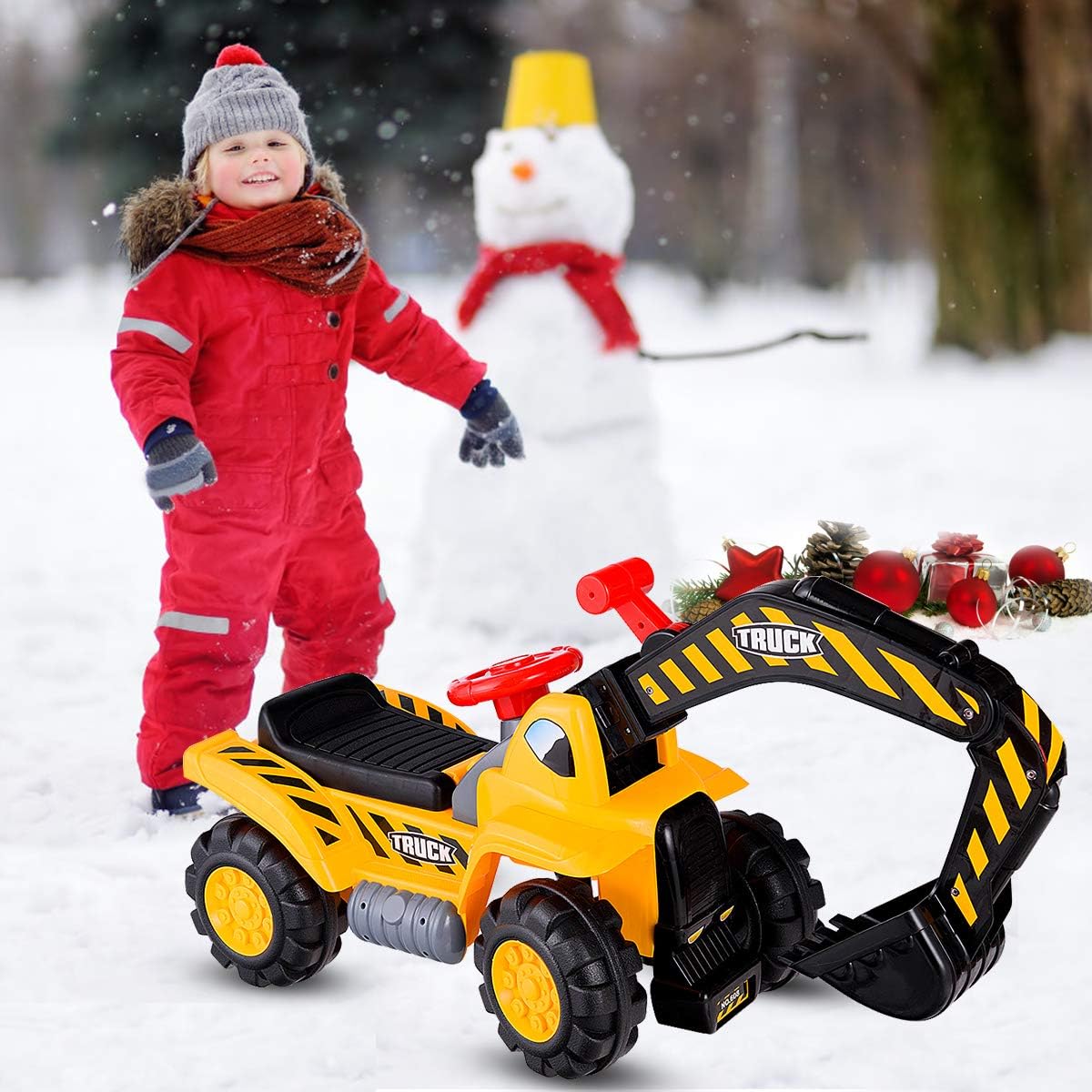 Ruspa Elettrica Multifunzione per Bambini, Escavatore Giocattolo Cavalcabile Elettrica, con Pietra ed Casco, Regalo per Bambini 3 Anni+, 89x45x30 cm