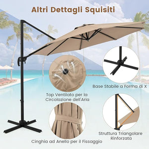Ombrellone da Esterno 294 cm, Ombrellone con Rotazione a 360°, 5 Angoli di Inclinazione Regolabili, Base a Forma di Croce, 8 Stecche, Ombrellone per Giardino, Piscina, Cortile