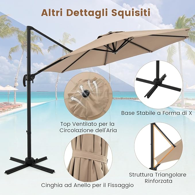 Ombrellone da Esterno 294 cm, Ombrellone con Rotazione a 360°, 5 Angoli di Inclinazione Regolabili, Base a Forma di Croce, 8 Stecche, Ombrellone per Giardino, Piscina, Cortile