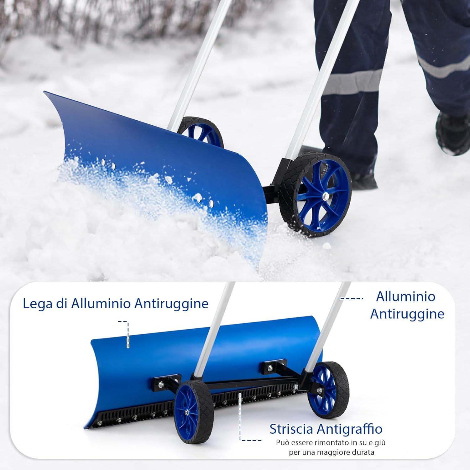 Pala da Neve con Ruote con Lama da 95 cm Angolata, Spazzaneve in Alluminio Manico Regolabile a 90Â° a Forma di U, Spala Neve Manuale per Ingresso, Marciapiedi e Vialetto
