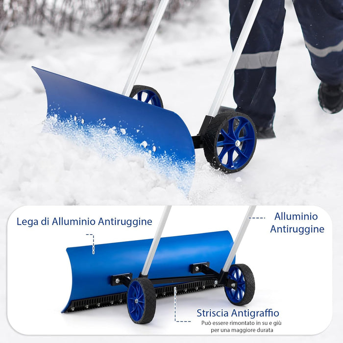Pala da Neve con Ruote con Lama da 95 cm Angolata, Spazzaneve in Alluminio Manico Regolabile a 90Â° a Forma di U, Spala Neve Manuale per Ingresso, Marciapiedi e Vialetto