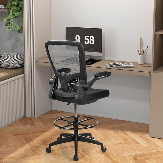 Sedia da Ufficio con Schienale, Sedia Scrivania Girevole, con Braccioli a Ribalta, Poltrona da Ufficio con Altezza Regolabile, Struttura in Metallo, per Scrivania Casa Ufficio, Portata 120 kg