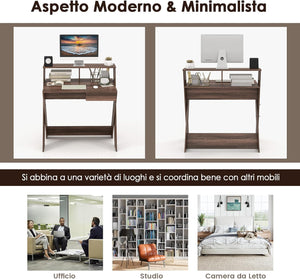 Scrivania per Computer in Legno, Scrivania con Cassetto, Portaoggetti e Supporto per Monitor, Poggiapiedi e Gambe a Forma di X, Ideale per Ufficio e Casa (Noce)