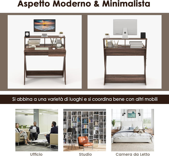Scrivania per Computer in Legno, Scrivania con Cassetto, Portaoggetti e Supporto per Monitor, Poggiapiedi e Gambe a Forma di X, Ideale per Ufficio e Casa (Noce)