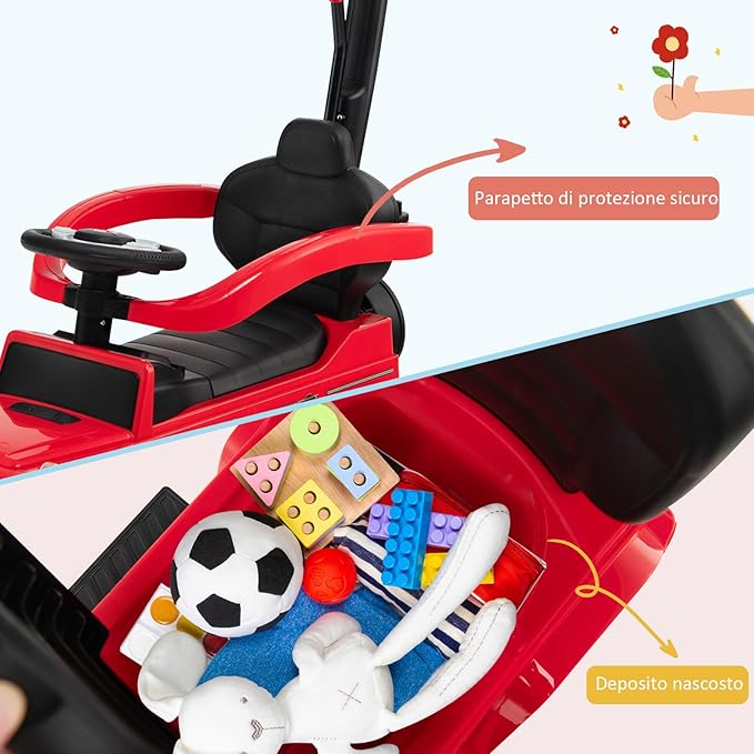 Auto a Spinta per Bambini, Macchina Cavalcabile a Spinta con Tettuccio Regolabile Maniglia per Genitori Paracolpi, Ideale per Bambini 12-36 Mesi (Rosso)