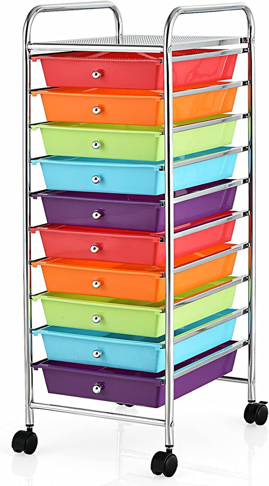 Carrelli Porta Oggetti, con 10 Cassetti, 2 Ruote Bloccabili, Braccioli Metallici, Portabile e Pratico, per Ufficio, Studio, Cucina, 5 Colori Disponibili, 37x32,5x86 cm (Multicolore)