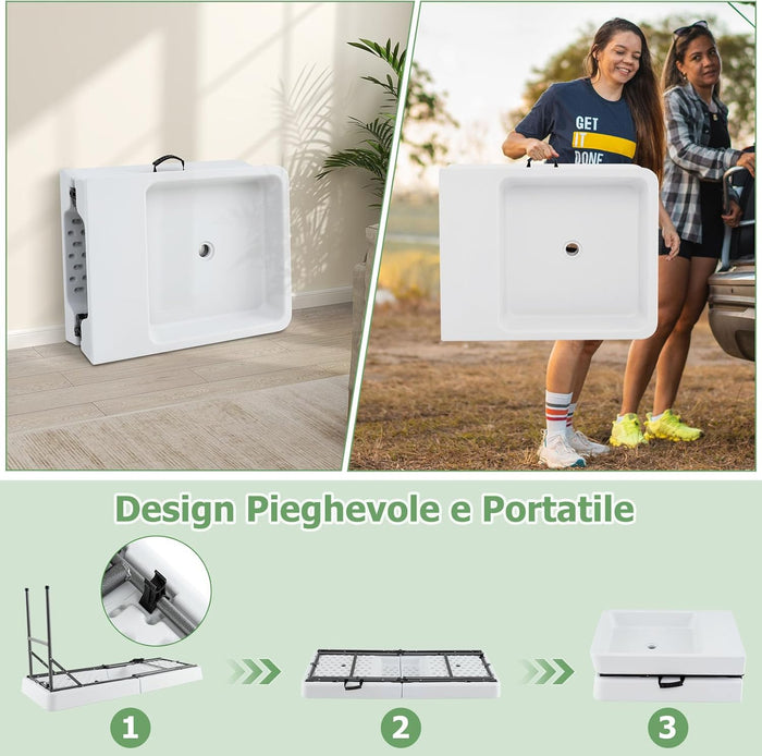 Tavolo Pieghevole Giardino 150 cm, Tavolo da Esterno con Doppi Lavelli, Tubi di Scarico, con Raffreddatore per Ghiaccio, Contenitore per Bevande, per Giardino Campeggio