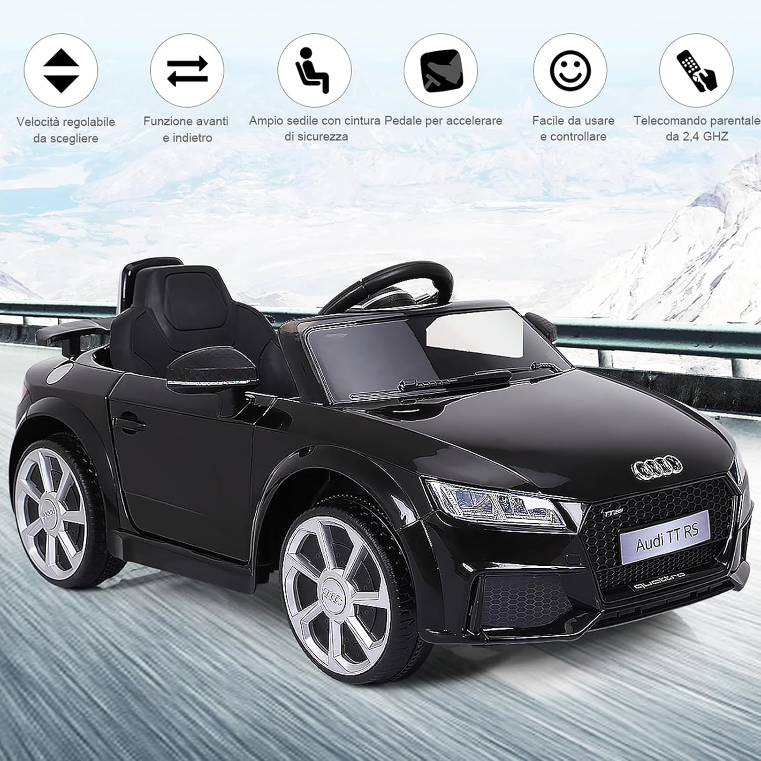 Audi 12V Auto Elettrica per Bambini, Macchina Elettrica con Velocità 2,5-5 km/ora, con Telecomando USB MP3 Luci LED (Nero)
