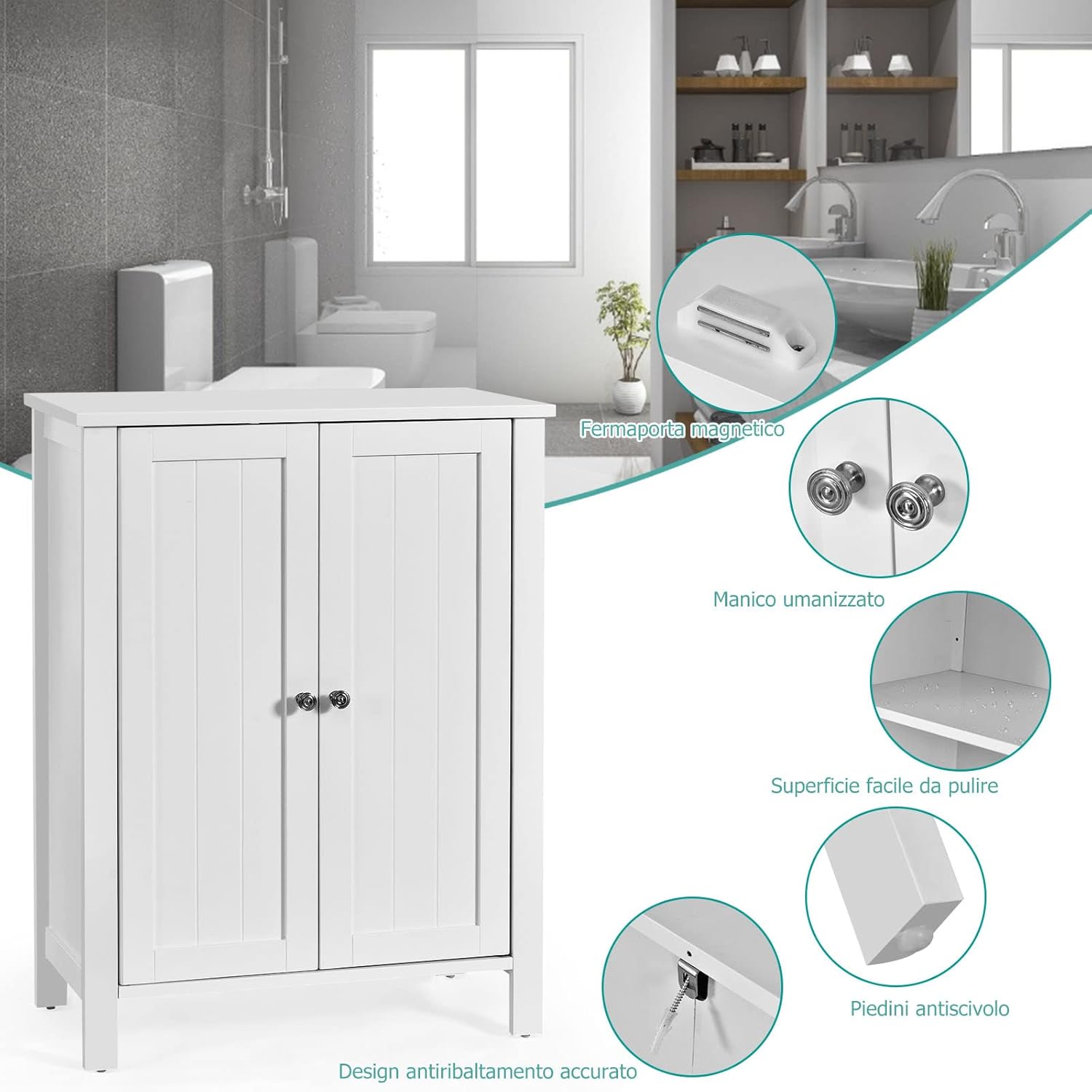 Mobile Bagno con Ripiani 60 x 30 x 80,5 cm, Mobiletto Multiuso con Doppia Anta e Mensola Regolabile, Mobile a Terra Salvaspazio per Casa, Soggiorno e Corridoio (Bianco)