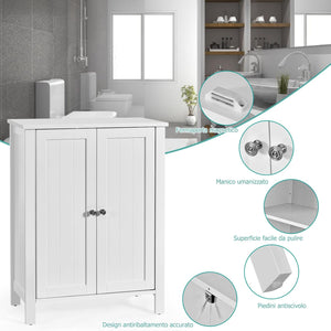 Mobile Bagno con Ripiani 60 x 30 x 80,5 cm, Mobiletto Multiuso con Doppia Anta e Mensola Regolabile, Mobile a Terra Salvaspazio per Casa, Soggiorno e Corridoio (Bianco)