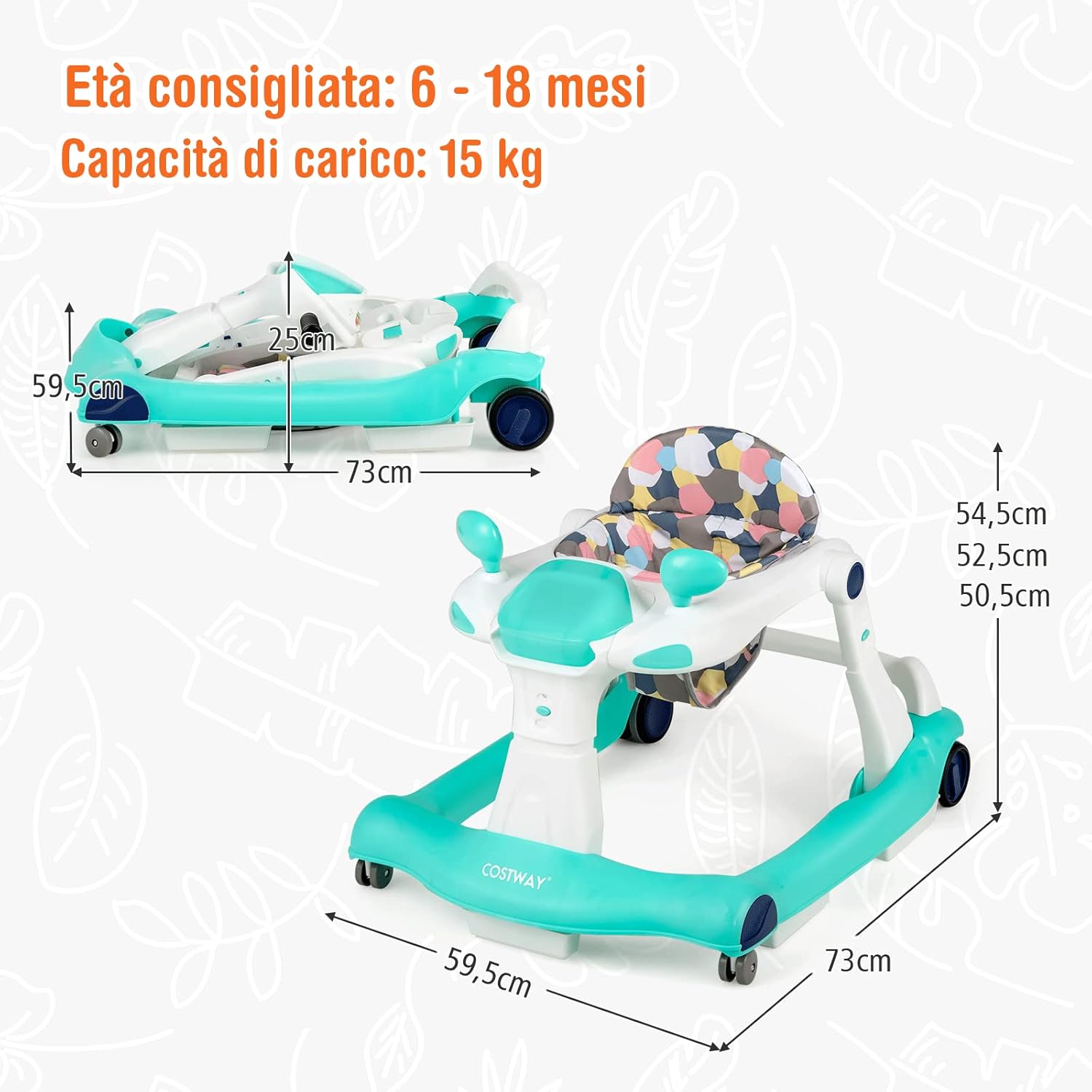 Girello per bambini 2 in 1, Girello con Altezza e Velocità Regolabili, Carillon con Luci e Cuscino Comodo, Primi Passi per Bambini 6-18 Mesi, Capacità di carico: 15 kg (Verde)