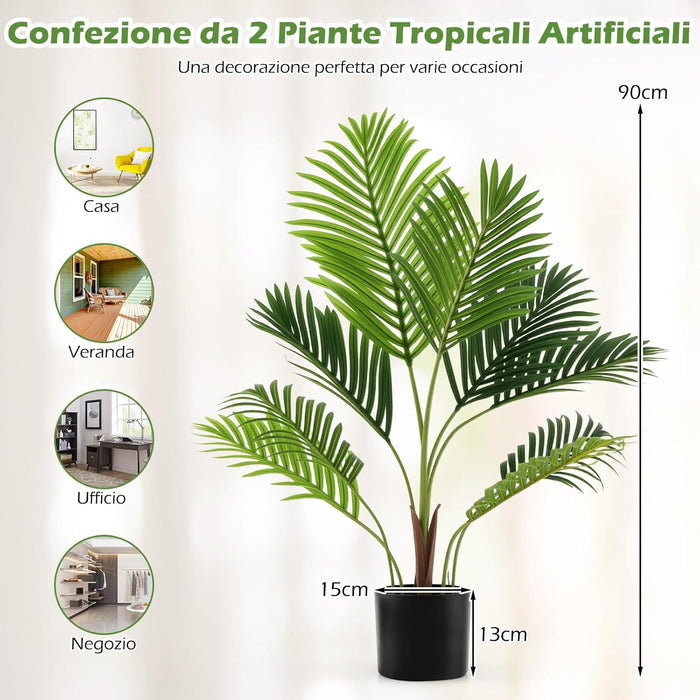 Set di 2 Piante Artificiali di Palma 90 CM/140 CM, Pianta Finta in Vaso da Interno ed Esterno, Decorazione Moderna per Soggiorno, Veranda, Ufficio e Negozio (90 cm)