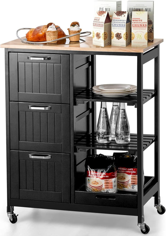 Carrello da Cucina con Ruote, Credenza Cucina con 4 Ripiani e 3 Cassetti, in Legno, Ideale per Cucina Ristorante e Bar, 67 x 37 x 83,5 cm (Nero)