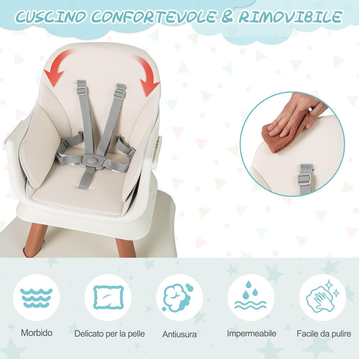Seggiolone Pappa per Bambini 6 in 1, Seggiolone per Neonati Convertibile, Tavolo per Costruzioni per Bambini, con Imbracatura a 5 Punti, per Bambini da 6 Mesi fino 3 Anni (Bianco+Naturale)