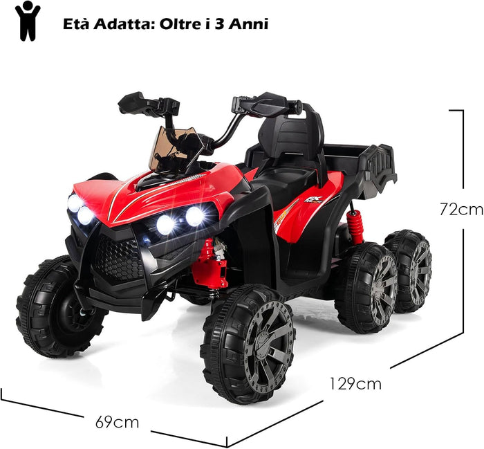12V Quad Elettrico per Bambini, Macchina Elettrica per Bambini con 6 Ruote 4 Motori Baule Posteriore Luci LED e Musica, Trazione Integrale, 3-6 km/h, 3 Anni+ (Rosso)