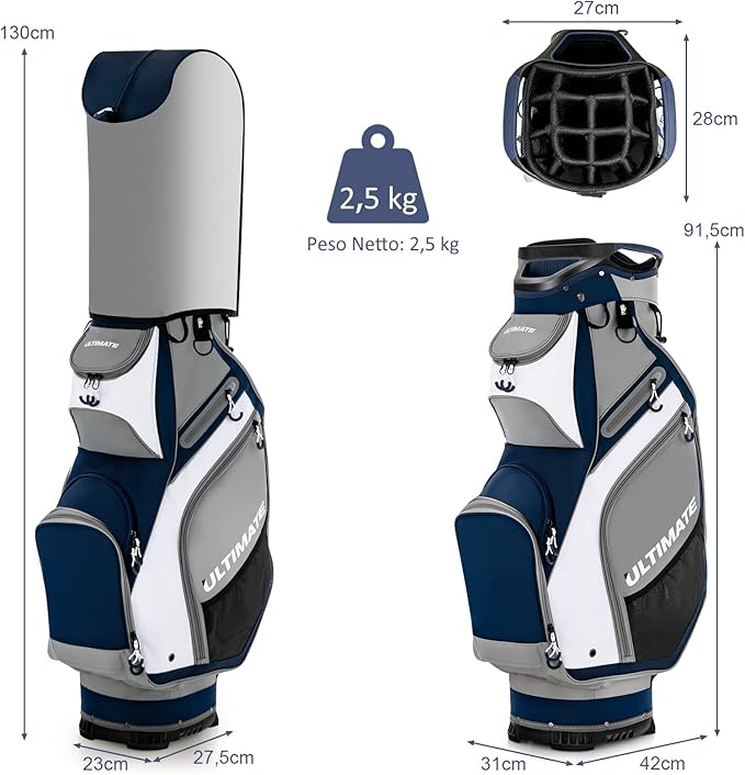 Borsa da Golf Portatile con 14 Divisori Superiori a Tutta Lunghezza, 7 Tasche con Cerniera, Cappuccio Antipioggia, Tracolla, Manico e Portaombrelli, Ideale per Uomini e Donne (blu e grigio)