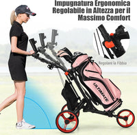 Carrello da Golf Pieghevole con 3 Ruote, Struttura in Alluminio, Cinghia Elastica, Portaombrello Regolabile e Porta Bicchiere, Segnapunti e Freno a Pedale (Rosso)