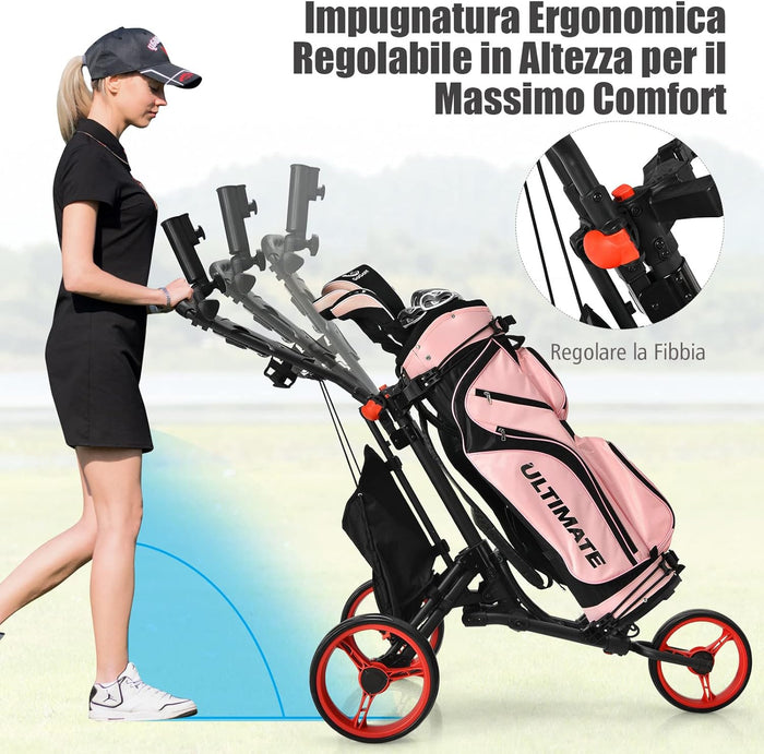 Carrello da Golf Pieghevole con 3 Ruote, Struttura in Alluminio, Cinghia Elastica, Portaombrello Regolabile e Porta Bicchiere, Segnapunti e Freno a Pedale (Rosso)