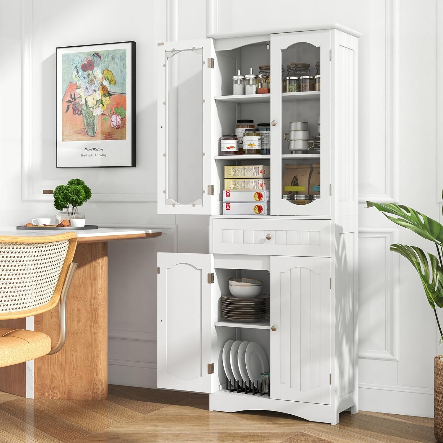 Armadietto Salvaspazio 60 x 30 x 160cm, Mobile Bagno con 2 Ripiani Regolabili, Cassetto e 2 Porte in Vetro Temprato, Armadio da Bagno per Ufficio, Soggiorno e Camera da Letto, Bianco