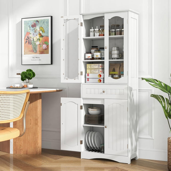 Armadietto Salvaspazio 60 x 30 x 160cm, Mobile Bagno con 2 Ripiani Regolabili, Cassetto e 2 Porte in Vetro Temprato, Armadio da Bagno per Ufficio, Soggiorno e Camera da Letto, Bianco