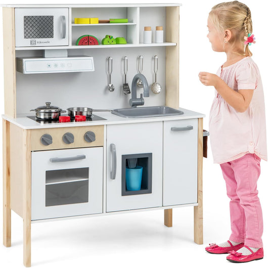 Cucina Giocattolo per Bambini in Legno, Cucina per Bambini con Microonde, Cappa Aspirante, Forno, Macchina del Ghiaccio, Lavello e Rubinetto, Manopole con Suoni, per Bambini 3-6 Anni (Bianco)