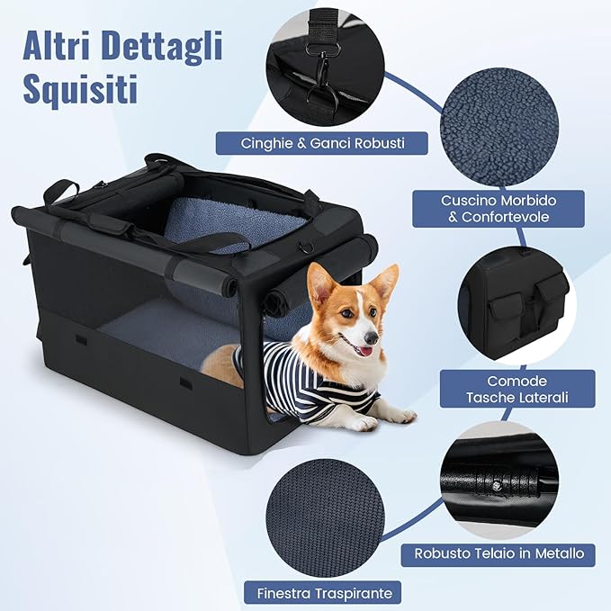 Trasportino Pieghevole per Cani e Gatti, Borsa da Trasporto per Animali con 2 Aperture, Finestra, Cesto Interno in Rete, Tasche Laterali e Porta Bicchiere, Gabbia Morbida e Portatile (M)