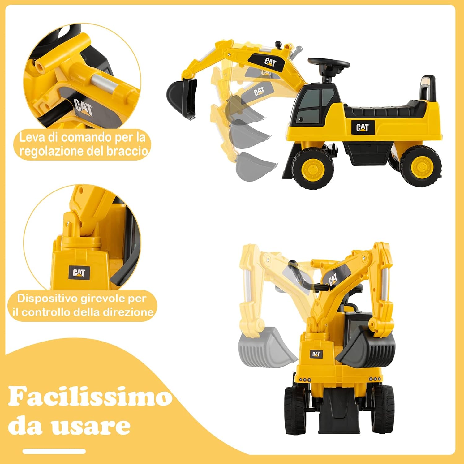 Escavatore Giocattolo Cavalcabile, Ruspa per Bambini con Benna da Scavo Girevole, Clacson e Spazio di Archiviazione Nascosto, Regalo per Bambini 1-3 Anni, Giallo (Stile 2)