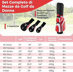 Set Completo di Mazze da Golf da Dona, Include Driver 460CC 1, Fairway 3, Ibrido 4, Ferri 6, 7, 8, 9 e P, Putter, 3 Copri Mazzetta e 1 Borsa per Destrimano