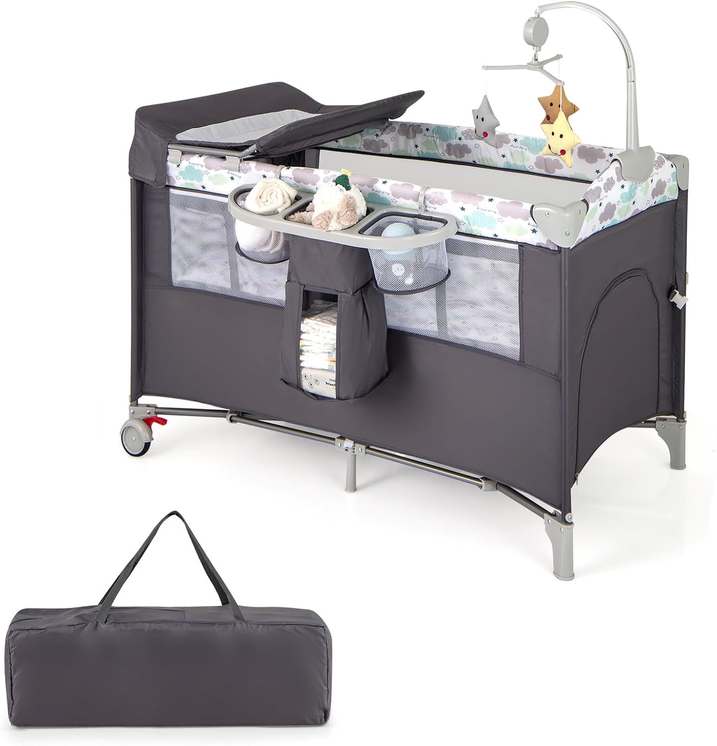 4 in 1 Lettino per Bambini con Materasso, Lettino Culla da Viaggio per Neonati, Culla Neonato con Fasciatoio, Box Portatile Pieghevole, con Ruote e Borsa, 125 x 65 x 119 cm (Grigio)
