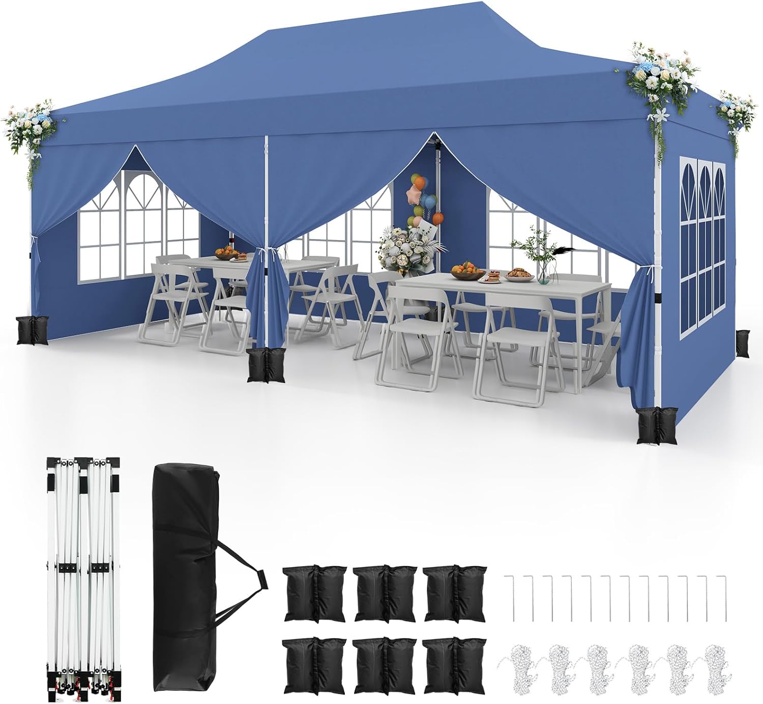 Gazebo da Giardino 3 x 6 m, Tendone per Feste con 6 Pannelli Laterali Rimovibili, con Borsa da Trasporto, Design Pop-up, per Matrimonio Eventi e Barbecue (Blu)