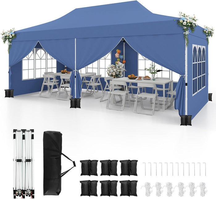 Gazebo da Giardino 3 x 6 m, Tendone per Feste con 6 Pannelli Laterali Rimovibili, con Borsa da Trasporto, Design Pop-up, per Matrimonio Eventi e Barbecue (Blu)