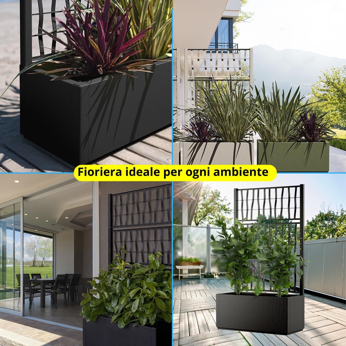 Fioriera con spalliera in plastica, separè grigliato piante rampicanti per esterno, terrazzo, giardino 80x36x140 h cm - Bianco