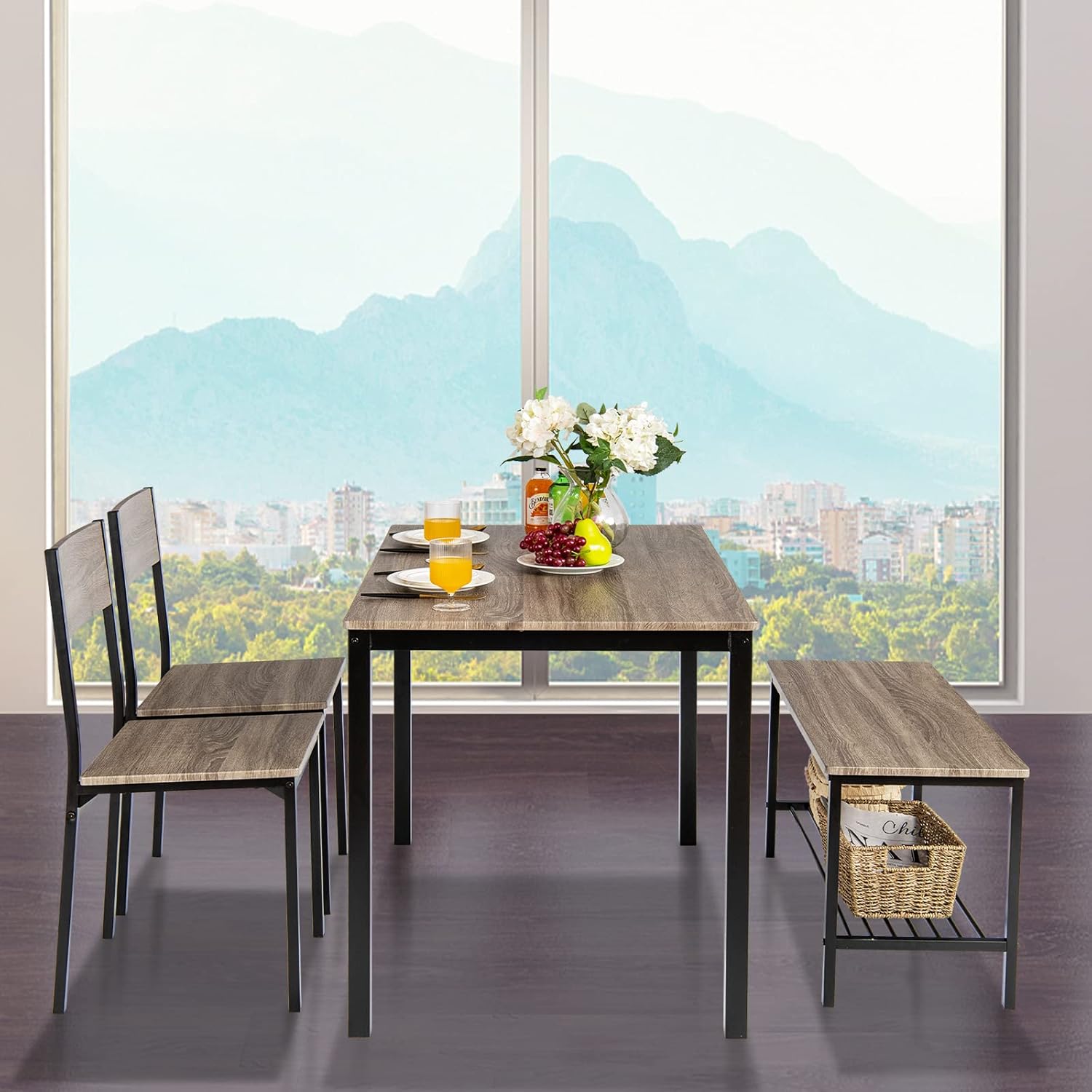 Set Tavolo e Sedie da Cucina 4 Pezzi, Tavolo da Pranzo con 2 Sedie e 1 Panca, Set Mobili da Cucina Salvaspazio con 4 Posti, per Cucina, Sala da Pranzo, Soggiorno (Rovere grigio)